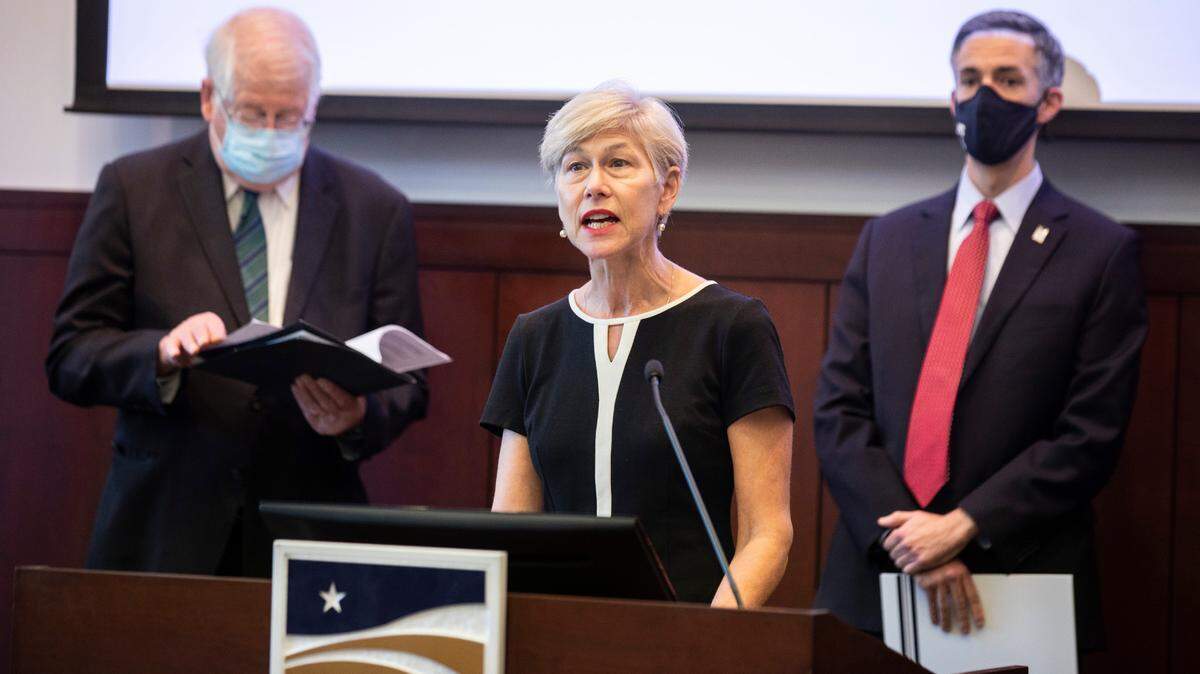 Rep. Deborah Ross speaks during a press conference at the Wake County Justice Center in Raleigh, N.C. on Friday, Nov. 12, 2021.