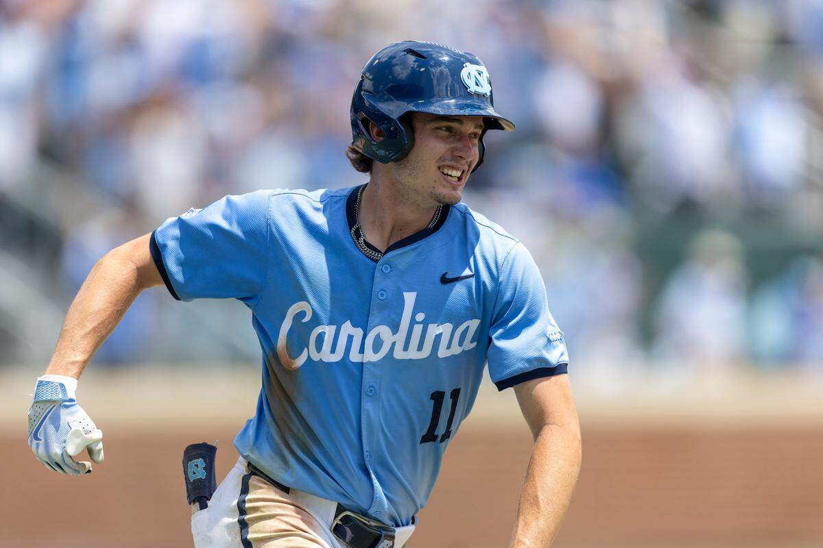 North Carolina right fielder Tyson Bass (11) reacts after connecting for a 3 RBI home run to take a 7-6 lead over Arizona in the seventh inning during the NCAA Super Regional on Saturday, June 7, 2025 at Boshamer Stadium in Chapel Hill, N.C.