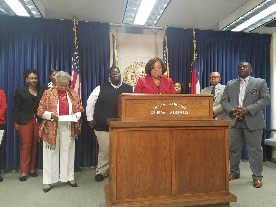 N.C. Sen. Erica D. Smith talks about making HBCUs funding more equitable during a Legislative Black Caucus press conference on May 15, 2019 at the state legislature in Raleigh.