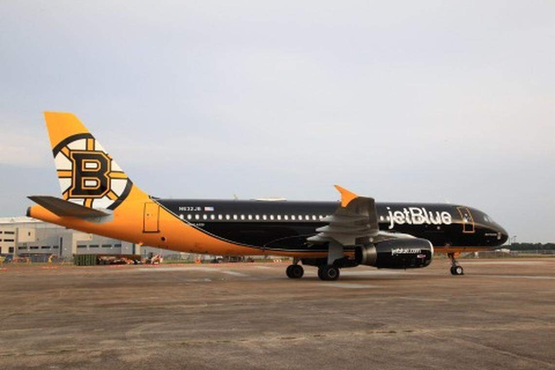 JetBlue’s “Bear Force One” was introduced at Boston Logan International Airport on Monday morning and took off for its inaugural flight to Raleigh-Durham International Airport that afternoon.