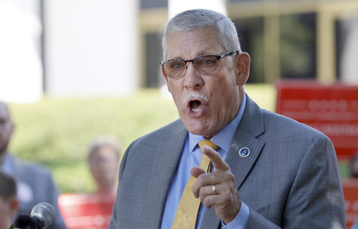 Rockingham County Sheriff Sam Page speaks during a press conference outside the N.C. Legislative building Tuesday, Sept. 5, 2023. A group of local residents from Rockingham and Nash counties, spoke out against a plan to add casinos during a press conference outside the Legislative Building, just hours before the House Republican Caucus planned to meet to discuss the idea.