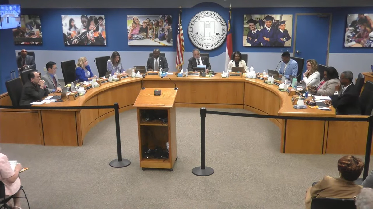 Wake County school board members meet on May 7, 2024 in Cary, N.C. Five of the nine board seats will be on the fall 2024 ballot.