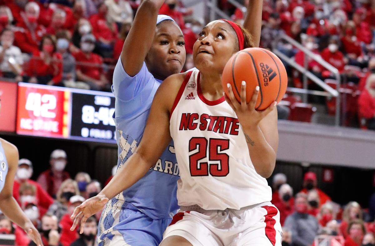 N.C. State’s Kayla Jones (25) drives to the basket past North Carolina’s Anya Poole (31) during the second half of N.C. State’s 72-45 victory over UNC at Reynolds Coliseum in Raleigh, N.C., Thursday, January 6, 2022.