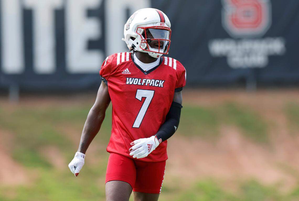 N.C. State cornerback Shyheim Battle (7) lines up for a play during the Wolfpack’s first fall practice in Raleigh, N.C., Wednesday, August 2, 2023.