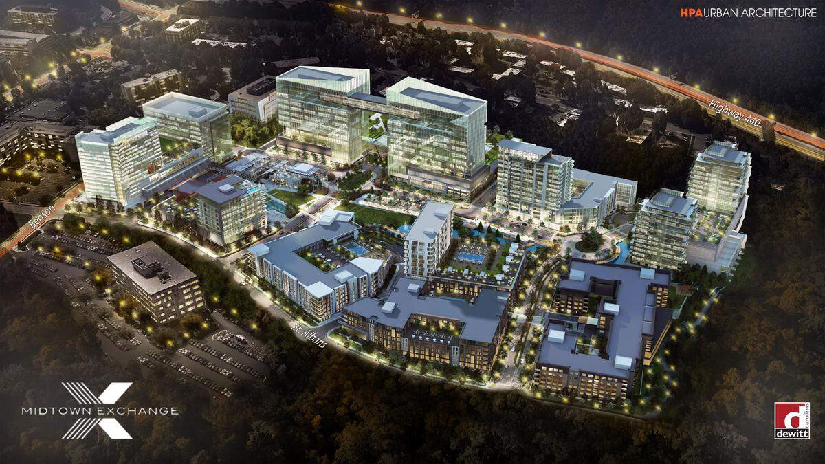 Overview rendering of the complete Midtown Exchange development.
