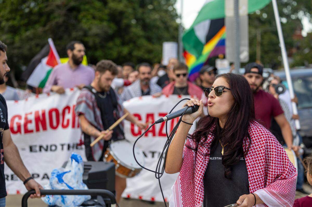 Pro-Palestinian demonstrators march outside the Executive Mansion in Raleigh demanding Gov. Roy Cooper veto House Bill 942 or SHALOM Act on Thursday, June 30, 2024. The bipartisan bill would use the definition of antisemitism adopted by the International Holocaust Remembrance Alliance in 2016. Critics have expressed free expression concerns, and argued that the IHRA’s definition is too broad.