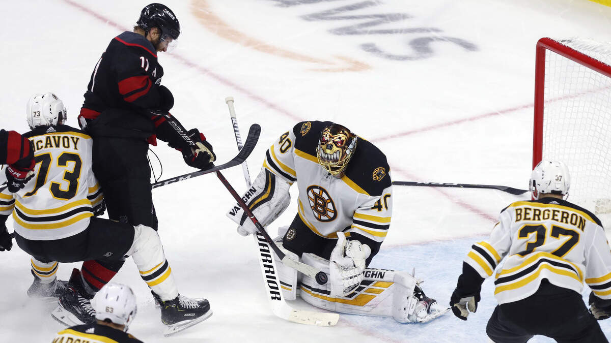 Boston’s Tuukka Rask (40) stops the shot by Carolina’s Jordan Staal (11) during the third period of the Boston Bruins’ 2-1 victory over the Carolina Hurricanes in game three of the Eastern Conference finals at PNC Arena in Raleigh, N.C. Tuesday, May 14, 2019.
