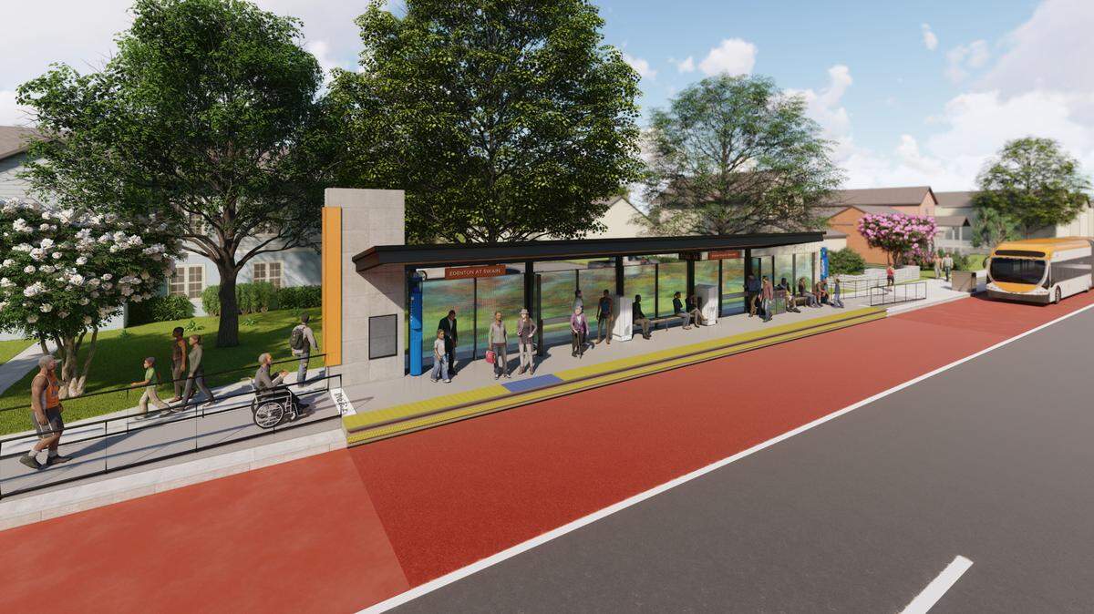 A rendering of the planned bus rapid transit or BRT station on Edenton Street at Swain Street in Raleigh. The city is trying to determine what routes BRT should follow in North Raleigh.