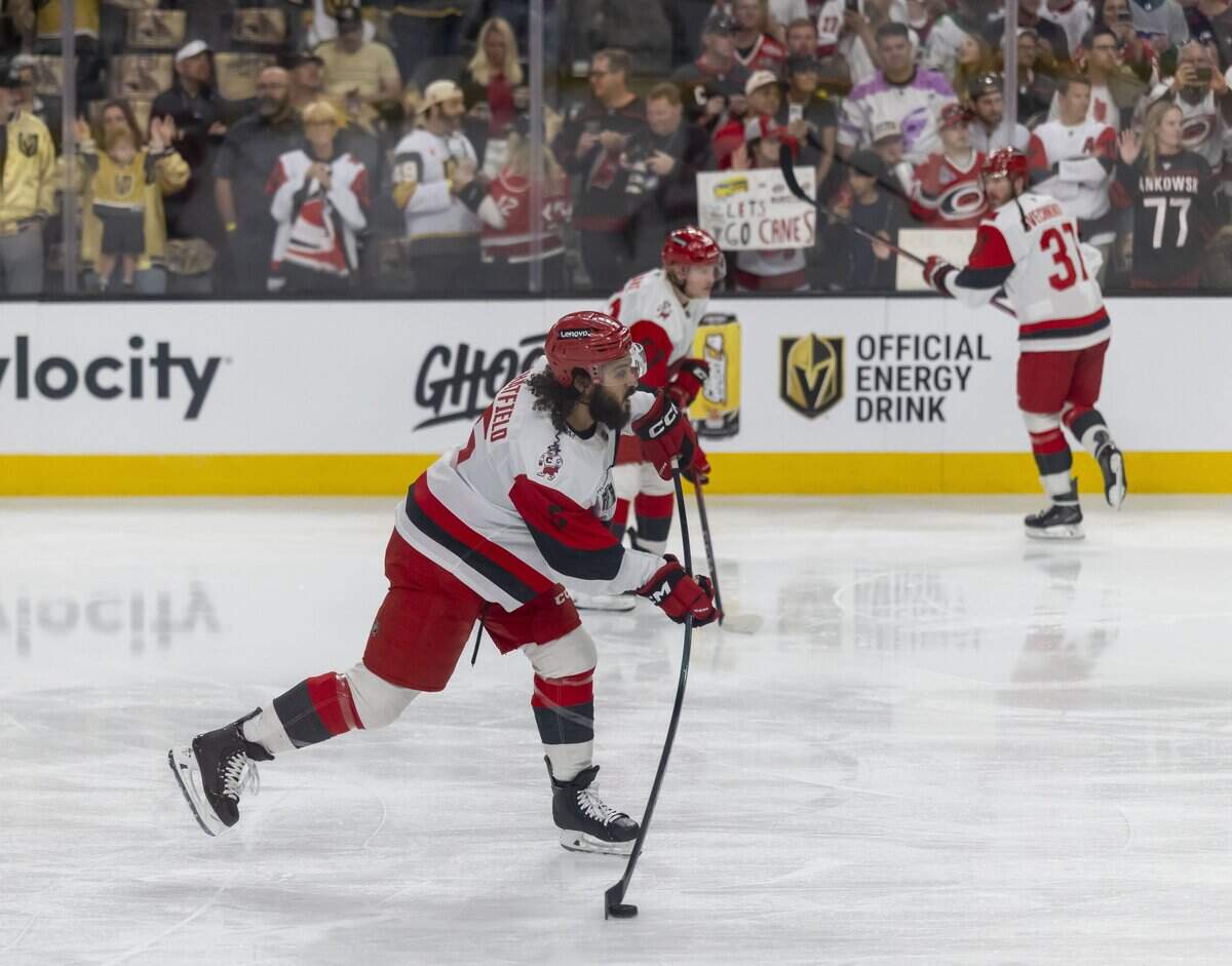 Carolina Hurricanes defenseman Jalen Chatfield (5) warms up for Game 6 of the Stanley Cup Final, on Sunday, June 14, 2026 at T-Mobile Arena in Las Vegas, NV.