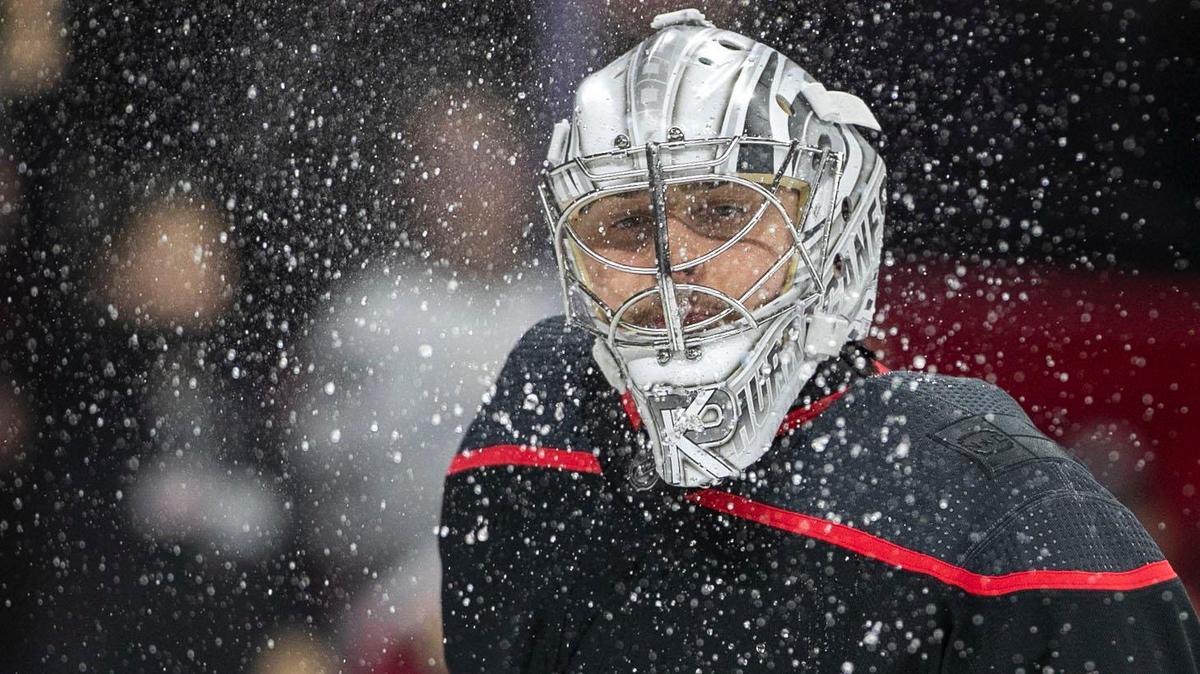Carolina Hurricanes goalie Pyotr Kochetkov enters the game after starter Antii Raanta (32) was injured in the first period against Boston on Wednesday, May 4, 2022 during game two of their Stanley Cup first round series at PNC Arena in Raleigh, N.C.