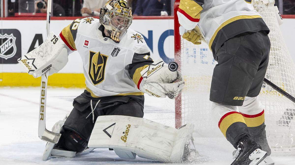 Vegas’ Carter Hart (79) makes a glove save on a scoring attempt against the Carolina Hurricanes on Tuesday, June 2. Fans at the Lenovo Center aimed the chant, “no means no” at the goalie in reference to a sexual assault charge he faced and was acquitted of. 