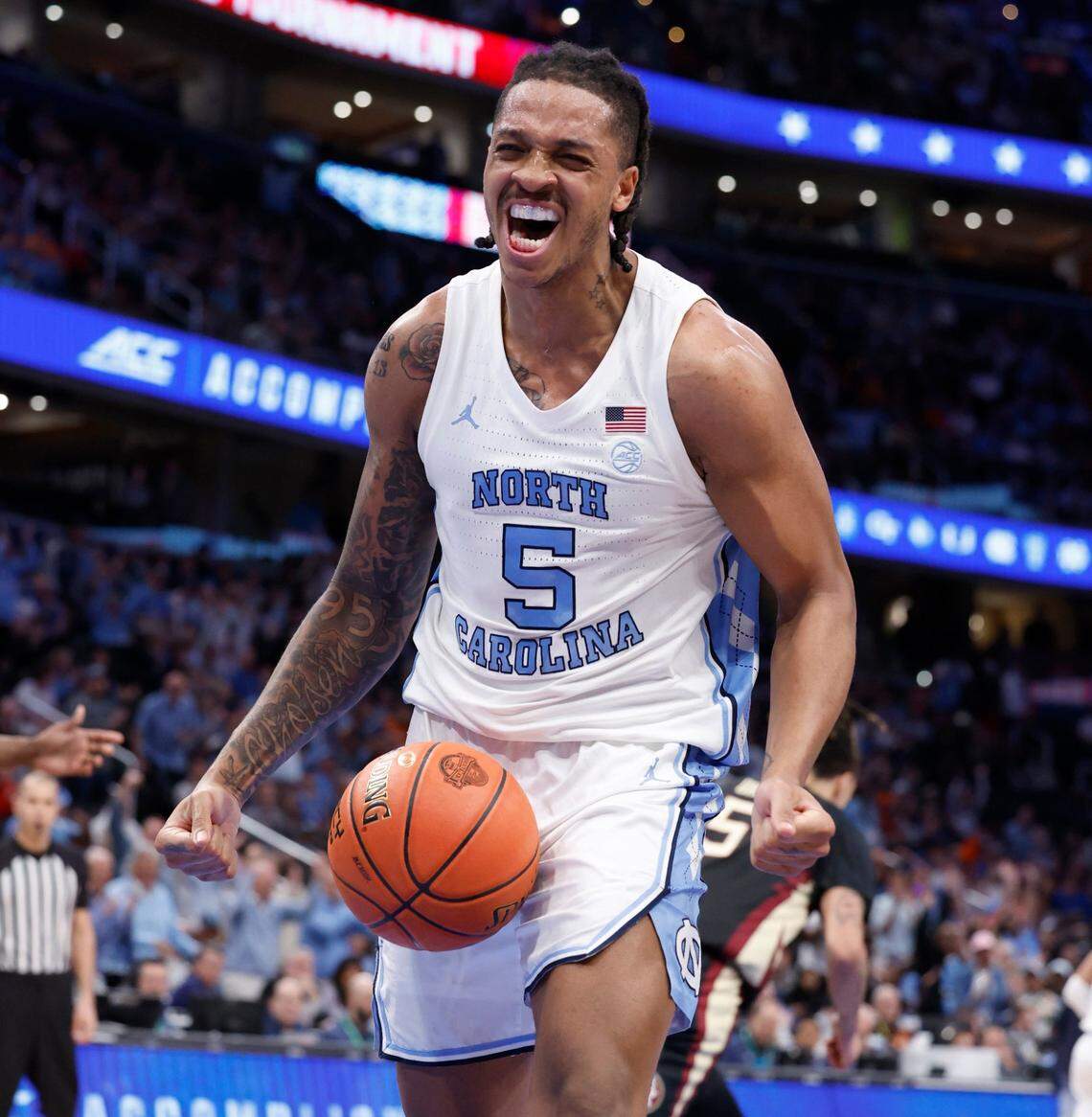 North Carolina’s Armando Bacot (5) celebrates a basket during the first half of UNC’s game against Florida State in the quarterfinal round of the 2024 ACC Men’s Basketball Tournament at Capital One Arena in Washington, D.C., Thursday, March 14, 2024.