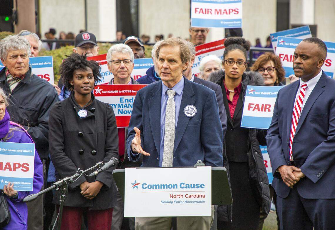 Bob Phillips, executive director of Common Cause NC, speaks March 26, 2019, outside the Legislative Building in Raleigh, NC, the day the U.S. Supreme Court heard arguments for Rucho v. Common Cause, a landmark case on gerrymandering in the state.