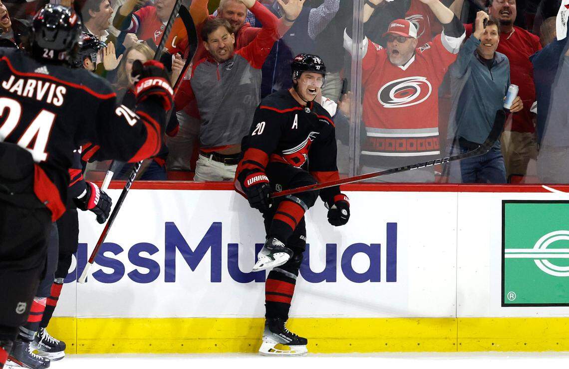 Carolina center Sebastian Aho (20) celebrates after scoring to tie the game 3-3 during the third period of the Hurricanes’ 5-3 victory over the Islanders in the first round of the Stanley Cup playoffs at PNC Arena in Raleigh, N.C., Monday, April 22, 2024.