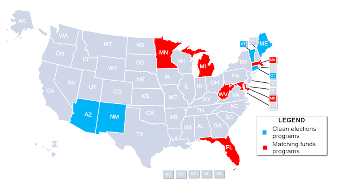 This map from the National Conference of State Legislatures shows the states that do have a public financing program, and what type of model they use. Most states do not have public financing for any elections.