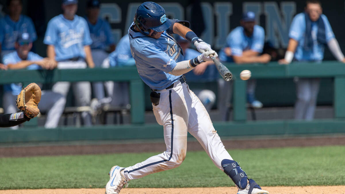 North Carolina’s Vance Honeycutt (7) connects for a single in the seventh inning against Georgia during their NCAA regional elimination game on Sunday, June 5, 2022 at Boshamer Stadium in Chapel Hill, N.C.