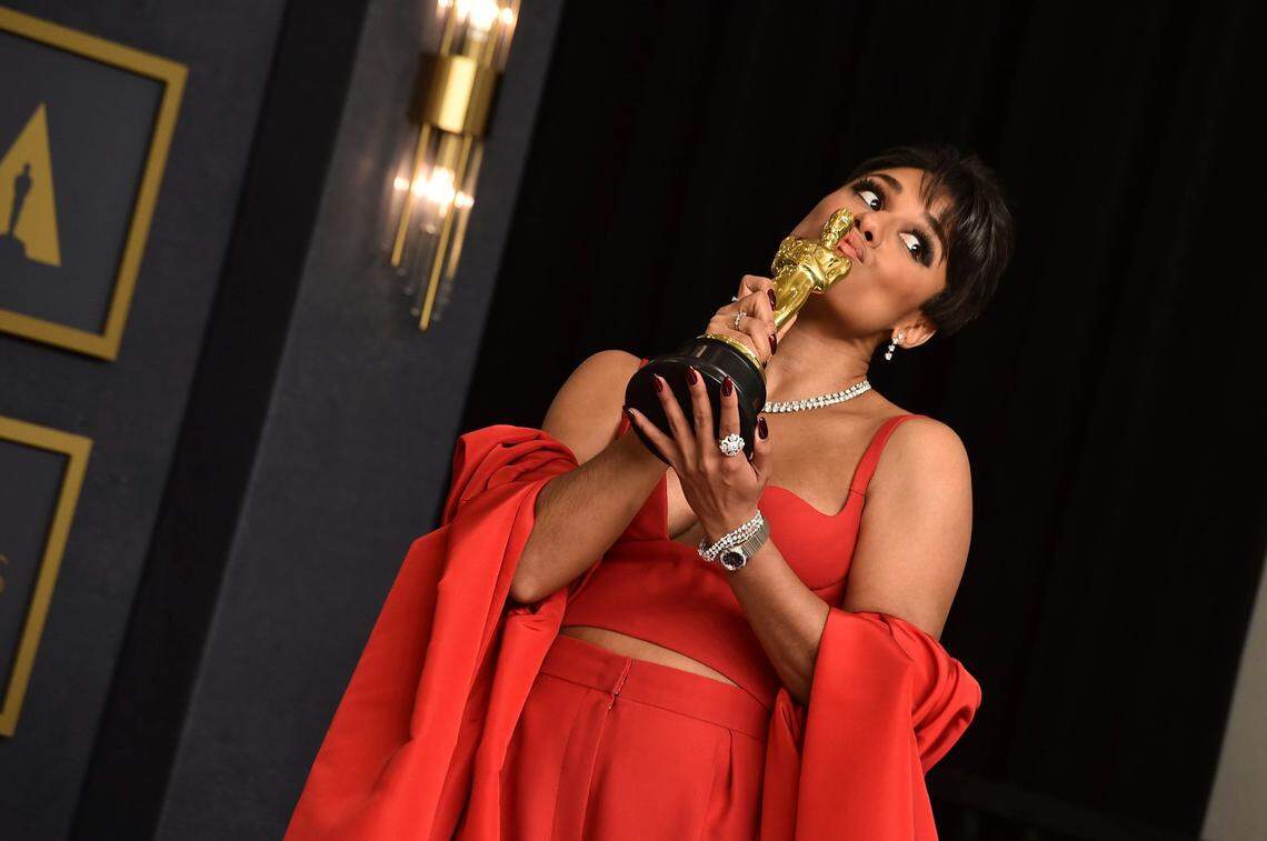Ariana DeBose, winner of the award for best performance by an actress in a supporting role for “West Side Story,” poses in the press room at the Oscars on Sunday, March 27, 2022, at the Dolby Theatre in Los Angeles. (Photo by Jordan Strauss/Invision/AP)
