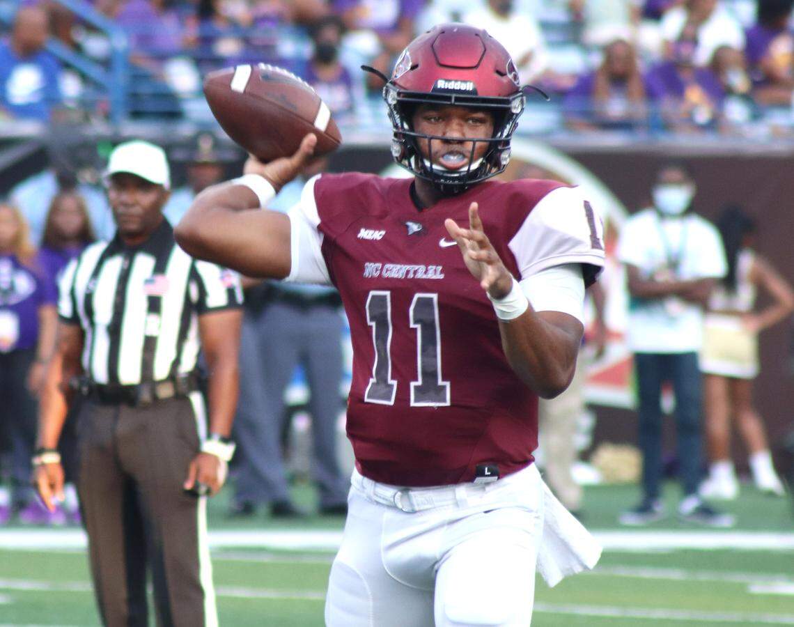North Carolina Central University quarterback Davius Richard (11) prepares to pass during NCCU’s 23-14 victory over Alcorn State in the MEAC/SWAC Challenge in Atlanta, Ga. Saturday, Aug. 28, 2021.