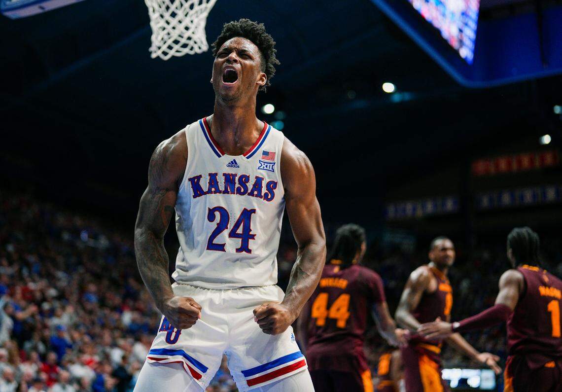 Kansas Jayhawks forward KJ Adams Jr. (24) celebrates after scoring during the second half against the Arizona State Sun Devils at Allen Fieldhouse.