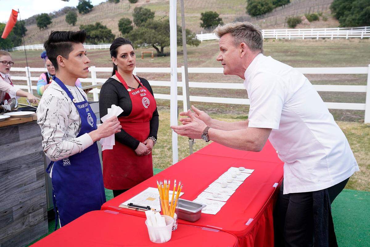 Team Captains Juni Cuevas, left, and Julia Danno in the "A Gordon Ramsay Wedding" episode of "MasterChef" airing Wednesday, July 11 on Fox.