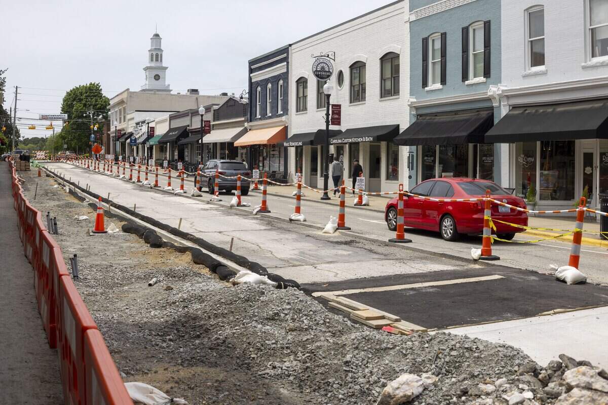 Construction of the Salem Streetscape project, which has closed one lane of traffic through the historic district, photographed on Tuesday, April 28, 2026 in Apex, N.C.