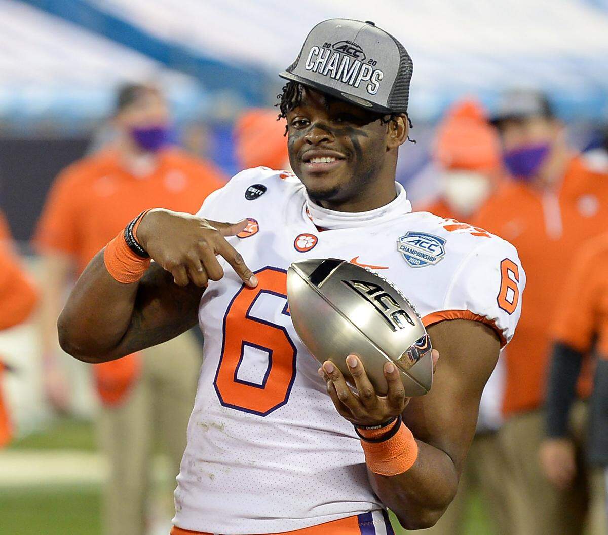 Clemson Tigers wide receiver E.J. Williams plays to the cameras with the ACC Championship trophy following the teamÕs victory over Notre Dame 34-10 at Bank of America Stadium in Charlotte, NC on Saturday, December 19, 2020.