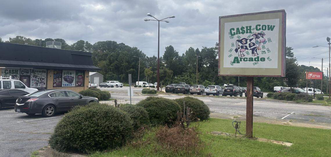 A sign advertises the Cash Cow Arcade on S. Wilmington Street in Raleigh, N.C.