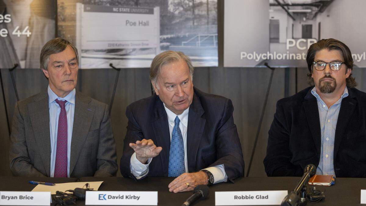 Attorney David Kirby answers questions during a news conference announcing newly filed complaints against North Carolina State University related to alleged toxic PCB exposure at Poe Hall on Thursday, Jan. 29, 2026, in Raleigh.