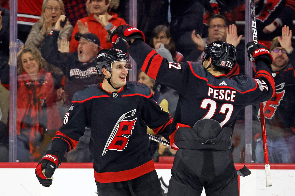 Carolina Hurricanes’ Brady Skjei (76) celebrates his goal with Brett Pesce (22) during the first period of an NHL hockey game against the Pittsburgh Penguins in Raleigh, N.C., Saturday, Jan. 14, 2023. (AP Photo/Karl B DeBlaker)