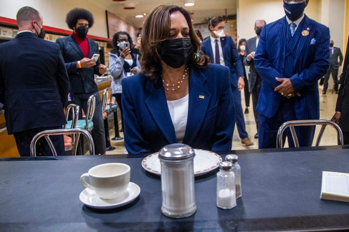 Vice President Kamala Harris sits at the F.W. Woolworth lunch counter at the International Civil Rights Center & Museum in Greensboro, NC Monday, April 19, 2021.
