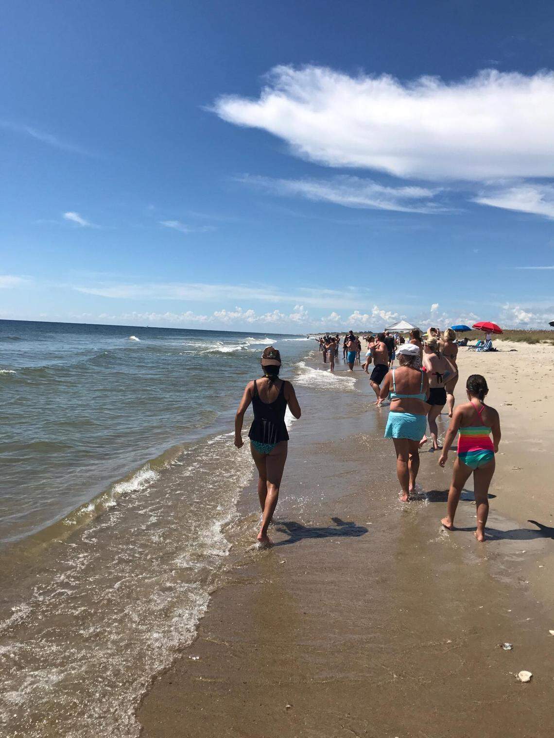 People fleeing the water at a Bald Head Island, NC beach after a shark was spotted in the shallows.