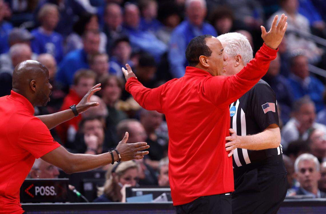 N.C. State head coach Kevin Keatts argues the call during the second half of Creighton’s 72-63 victory over N.C. State in the first round of the NCAA Tournament at Ball Arena in Denver, Colo., Friday, March 17, 2023.