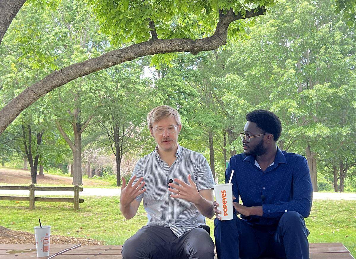 The News & Observer’s Drew Jackson and Twumasi Duah-Mensah test Popeye’s sweet tea on Thursday, May 14, 2026, in Raleigh, N.C.