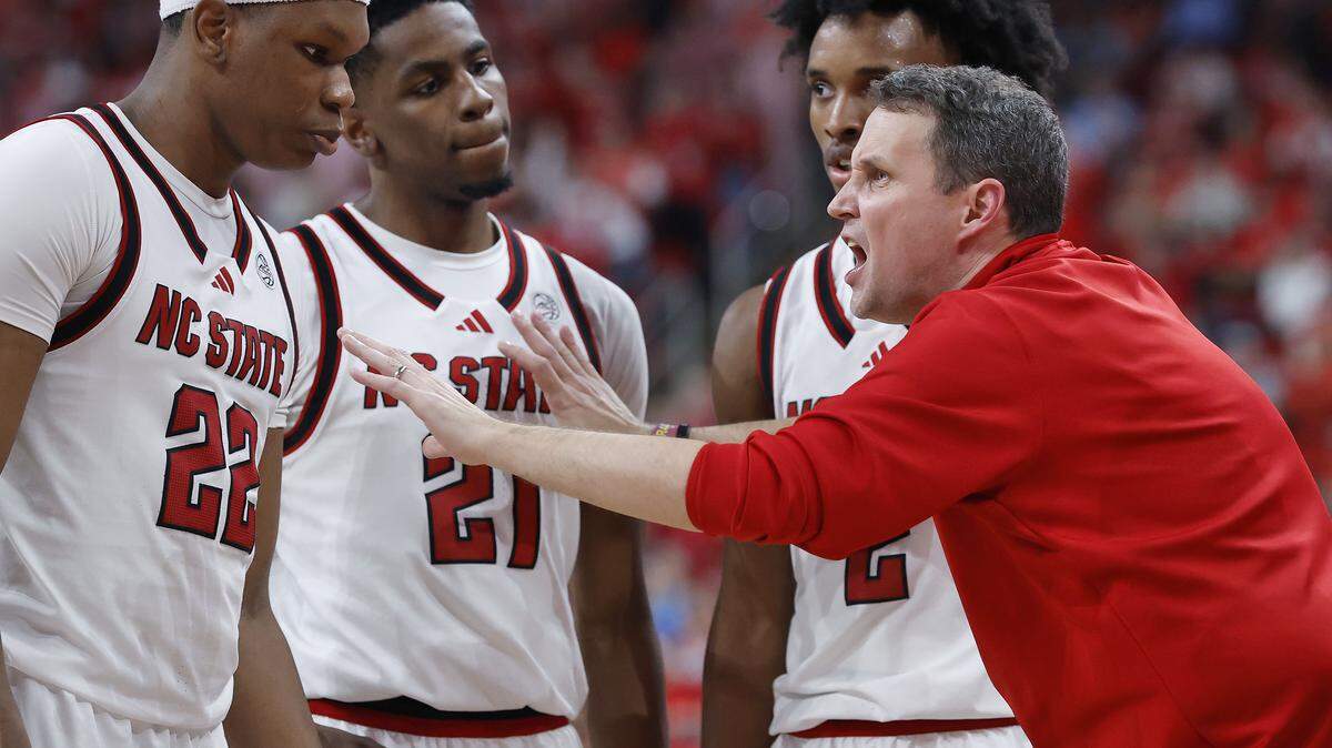 N.C. State head coach Will Wade talks with his team late in the second half of the Wolfpack’s 82-58 win over North Carolina on Tuesday, Feb. 17, 2026, at Lenovo Center in Raleigh, N.C.