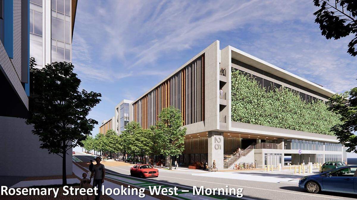An architect’s rendering shows the future East Rosemary parking garage as seen from the town’s Wallace Parking Deck near the corner of East Rosemary and Henderson streets in downtown Chapel Hill. The new garage will feature a green wall on the eastern facade.