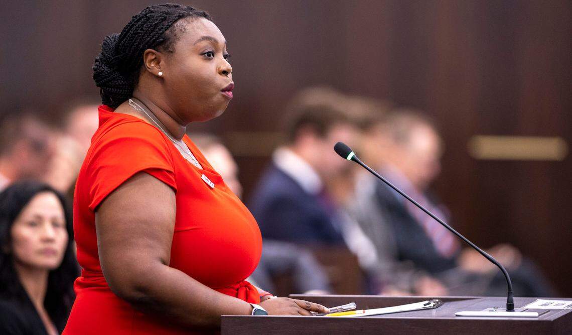 NCAE President Tamika Walker Kelly speaks during a public hearing on HB 755 before the Senate Education/Higher Education Committee on Wednesday, May 25, 2022 in the Legislative Office Building in Raleigh, N.C.