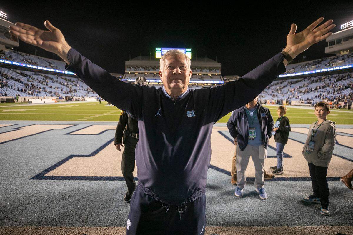 North Carolina coach Mack Brown acknowledges the student section as he leaves the field following the Tar Heels’ 42-24 victory over Pitt on Saturday, October 29, 2022 at Kenan Stadium in Chapel Hill, N.C.