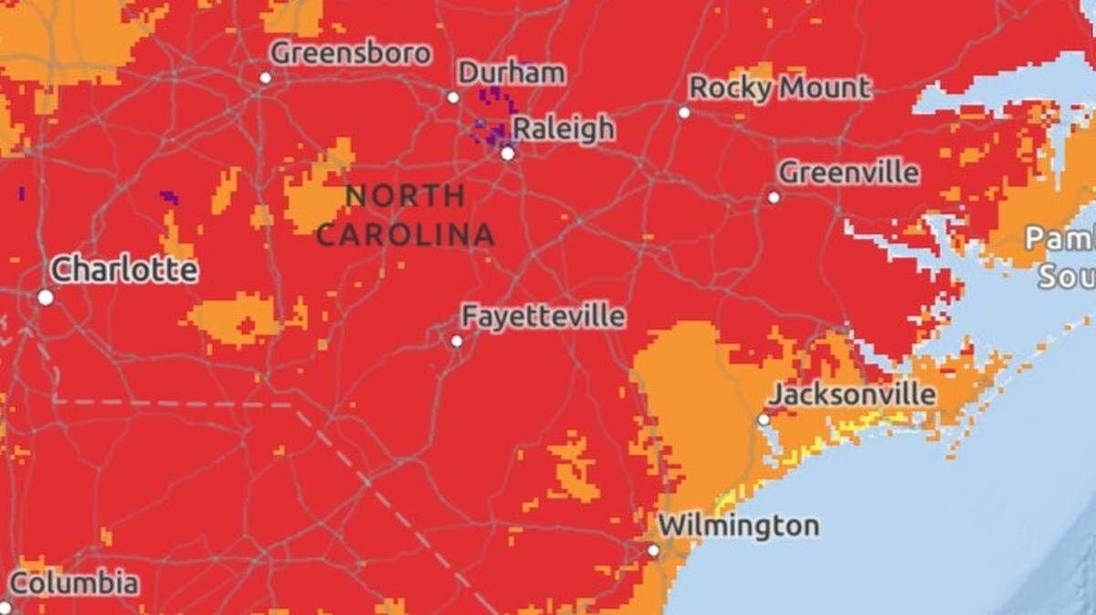 The Triangle is part of a broad swath of North Carolina that will face a major risk from heat this weekend, according to the National Weather Service’s HeatRisk tool. Temperatures could reach as high as 100 degrees Fahrenheit, with lows in the mid-70s.
