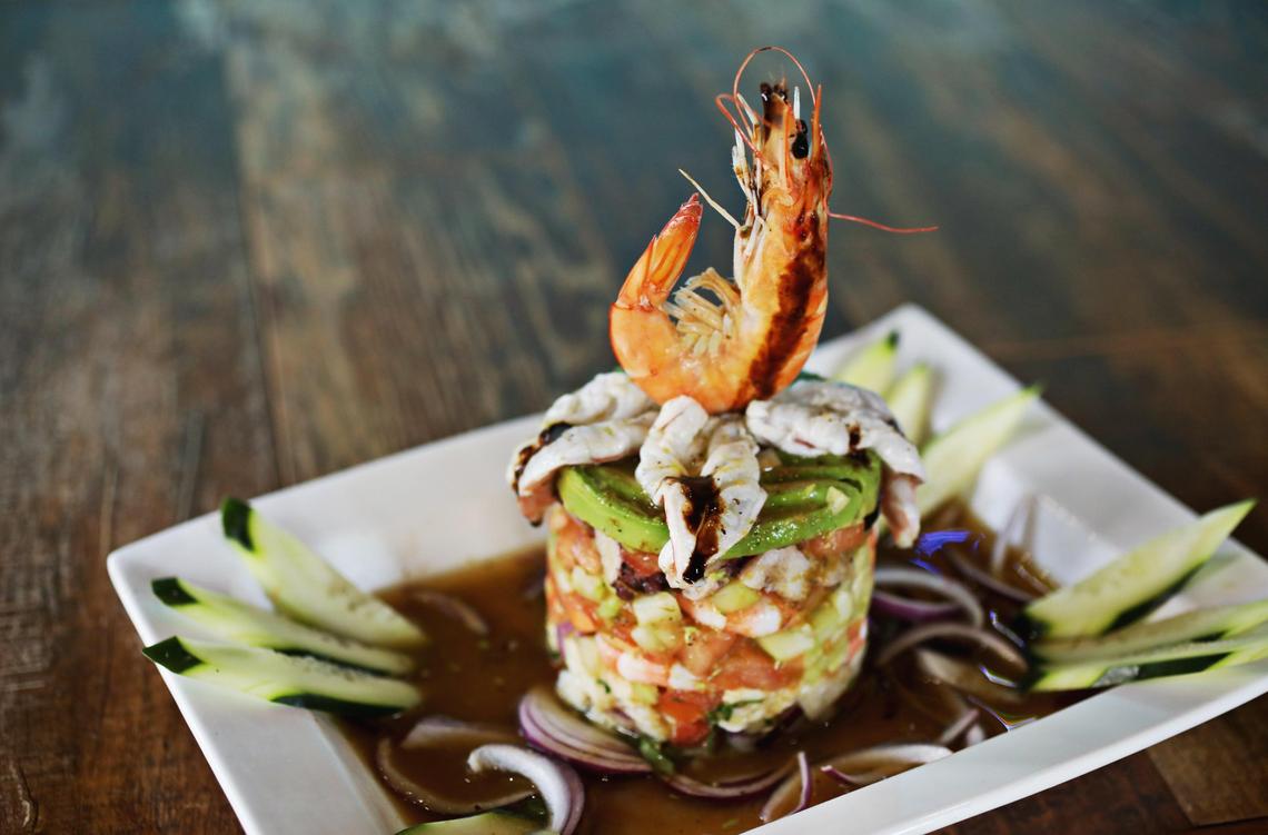 The Ceviche Los Cabos is a cylindrical high-rise of shrimp, octopus and tuna served at Mariscos Los Cabos in Durham.