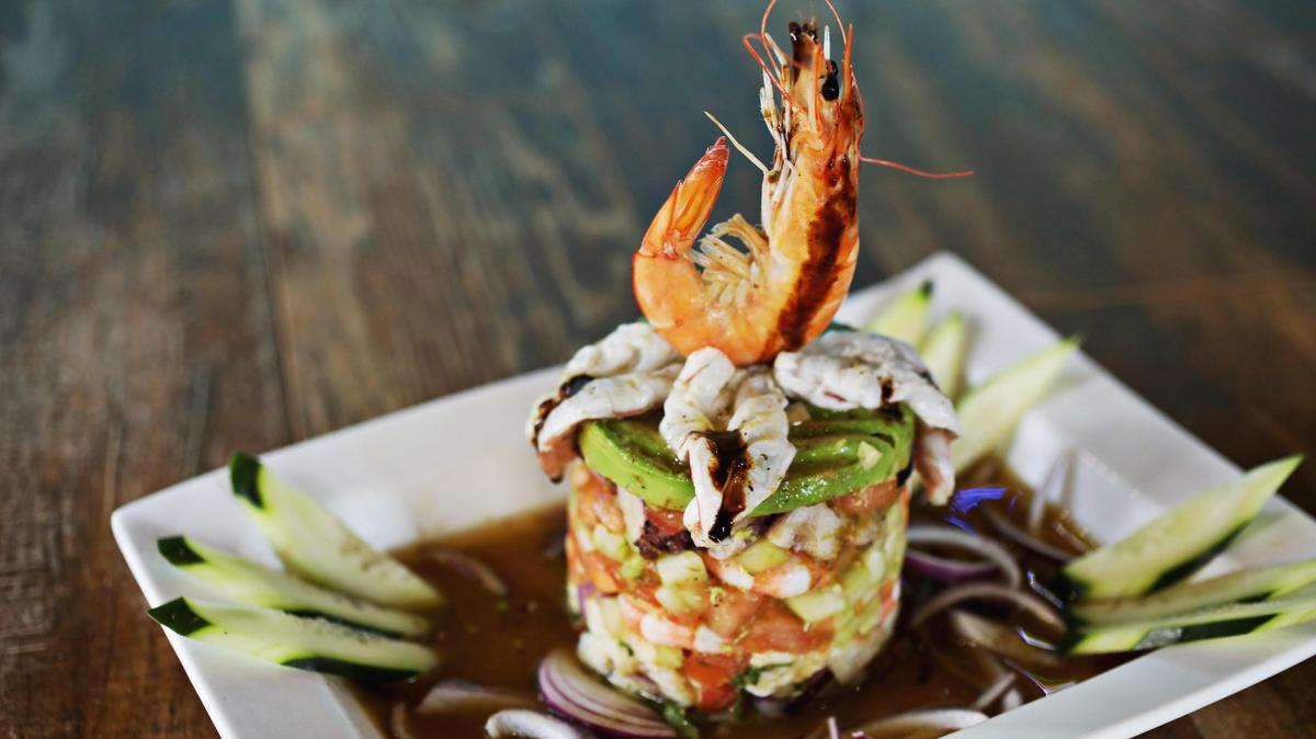 The Ceviche Los Cabos is a cylindrical high-rise of shrimp, octopus and tuna served at Mariscos Los Cabos in Durham.