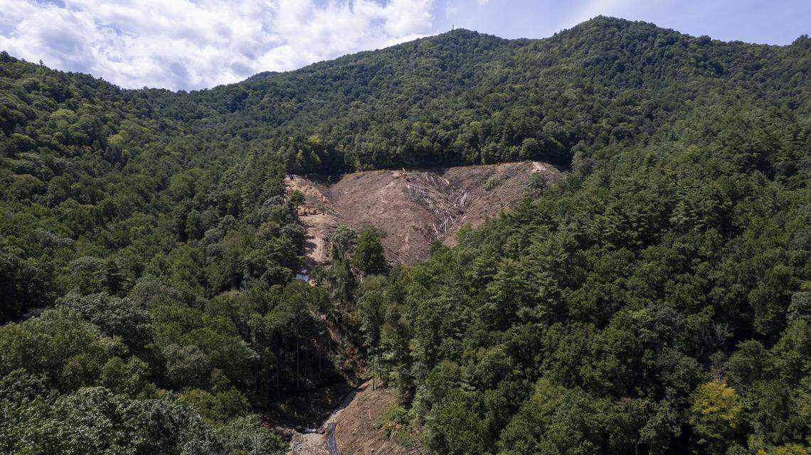 An aerial view of a rock quarry site in the Pisgah National Forest near Interstate 40 in the Pigeon River Gorge near the North Carolina-Tennessee line. Last spring, the N.C. Department of Transportation received federal approval to mine up to 3 million cubic yards of stone from the forest.