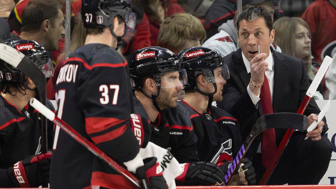 Carolina Hurricanes coach Rod Brind’Amour talks with his players during a time out in the first period during Game 5 of the NHL Eastern Conference quarterfinals against the New York Islanders on Tuesday, April 30, 2024 at PNC Arena, in Raleigh N.C.
