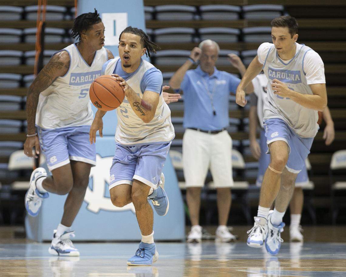 North Carolina’s Cole Anthony (2) runs the offense during the Tar Heels’ practice on Wednesday, October 2, 2019 at the Smith Center in Chapel Hill, N.C.
