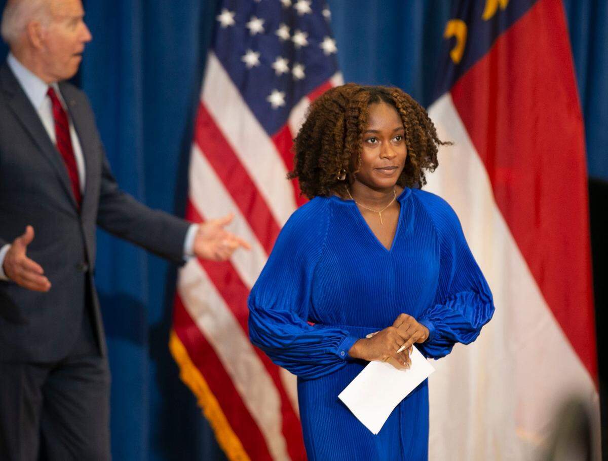 Ive Jones, an Apex Friendship High School graduate and student at Princeton University arrives to Introduce President Joe Biden at Green Road Community Center on Thursday, June 24, 2021 in Raleigh, N.C.