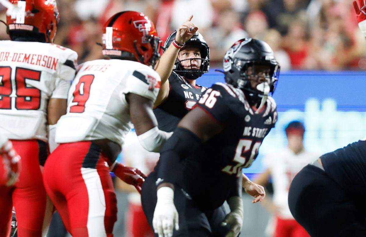 N.C. State place kicker Christopher Dunn (32) watches as he makes a 47-yard field goal during the first half of N.C. State’s game against Texas Tech at Carter-Finley Stadium in Raleigh, N.C., Saturday, Sept. 17, 2022.