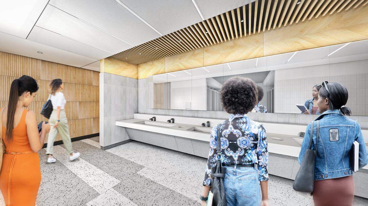 A conceptual rendering of what the restrooms in the concourses of Terminal 2 at Raleigh-Durham International Airport might look like after a planned “refresh.” The airport hopes to have final designs next summer and begin construction soon after.