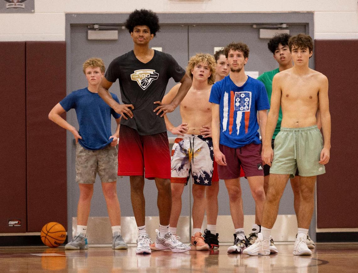 Seaforth High School’s Jarin Stevenson stands tall among his teammates during a pre-season workout on October 26, 2022 in Pittsboro, N.C. The 6-foot-10, seventeen-year old is ranked among the top players in the country going into his junior year in high school.