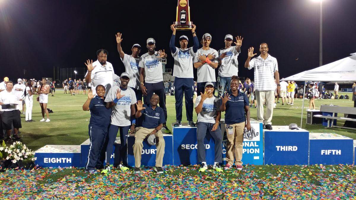 The St. Augustine’s University Falcons won the Division II men’s outdoor track and field championship in 2017 for the fifth year in a row. The win earns them a highway sign marking the honor.