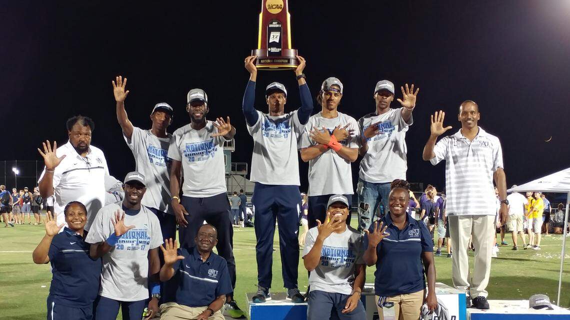 The St. Augustine's University Falcons won the Division II men's outdoor track and field championship in 2017 for the fifth year in a row. The win earns them a highway sign marking the honor.