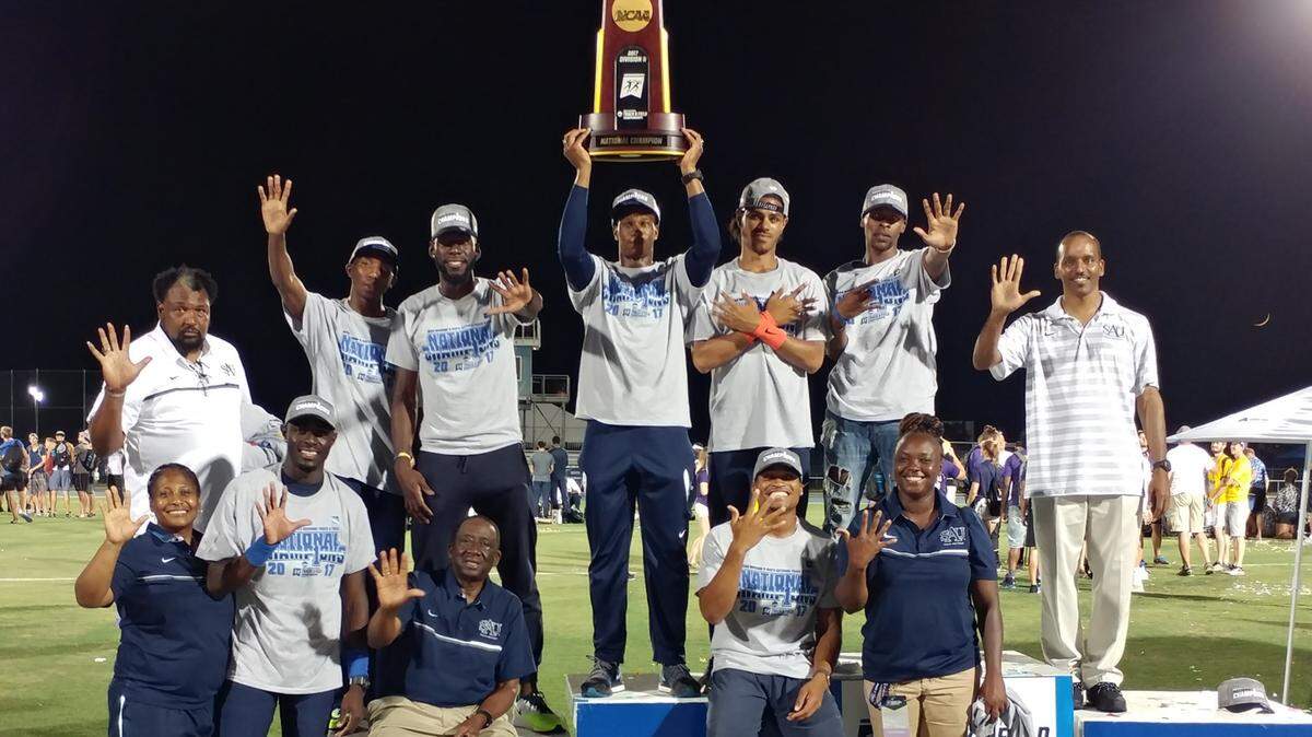 The St. Augustine’s University Falcons won the Division II men’s outdoor track and field championship in 2017 for the fifth year in a row. The win earns them a highway sign marking the honor.